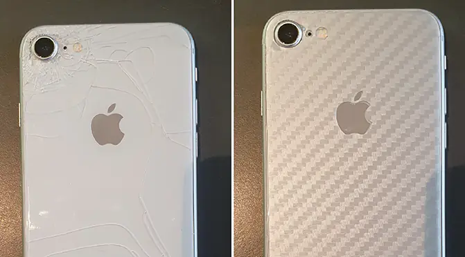 Application d'une protection carbone sur vitre arrière Iphone