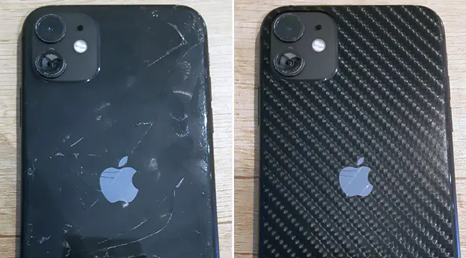 Application d'une protection carbone sur vitre arrière Iphone
